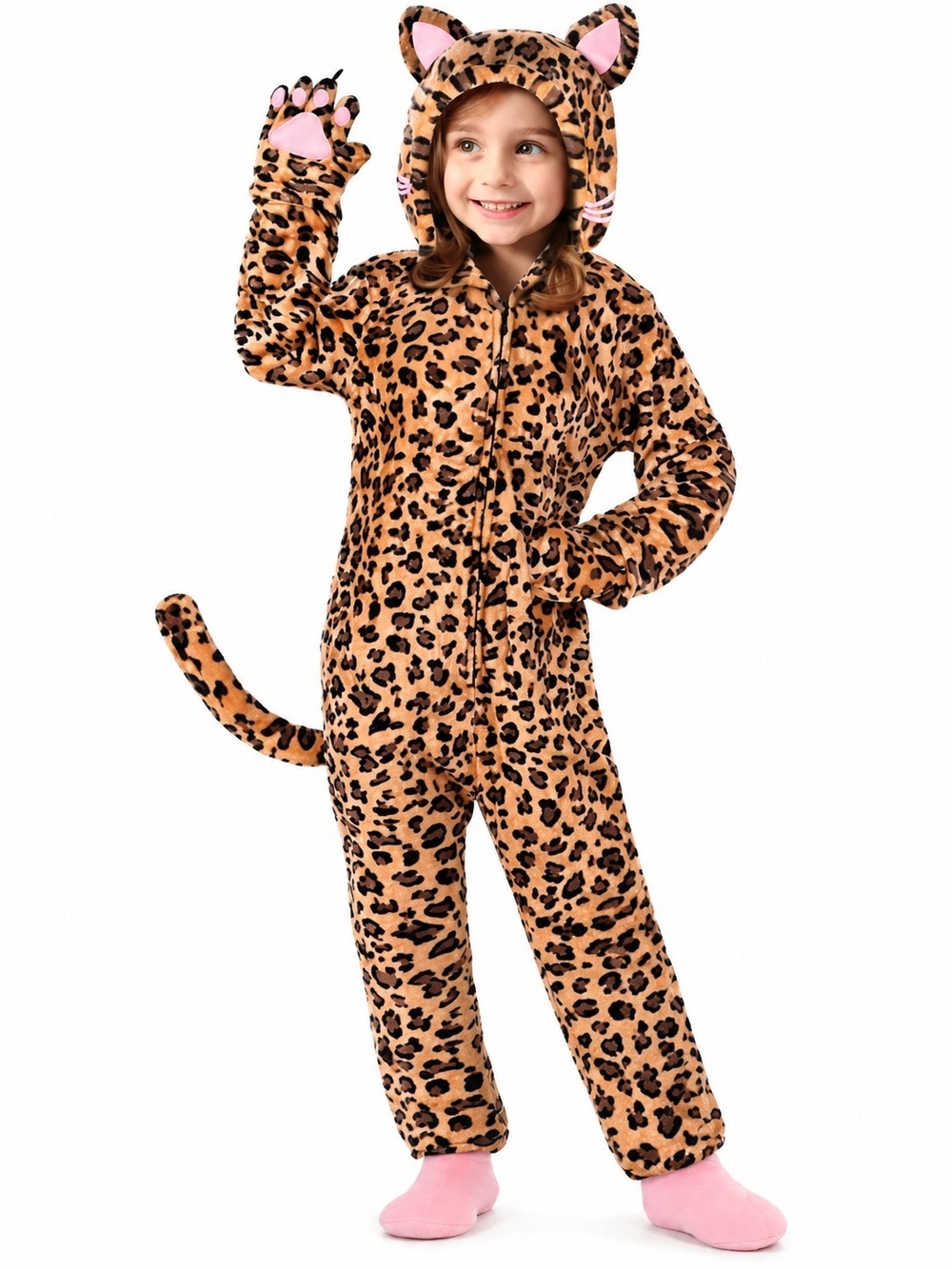 Kids Leopard Print Fleece One-Piece Hooded Pajamas - Brown
